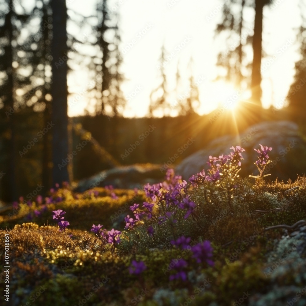 Obraz premium Purple Wildflowers in Forest at Sunset