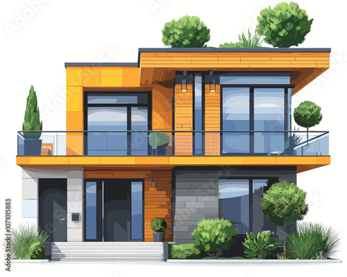 Large orange house with a green roof and a balcony. The house has a modern design and is surrounded by a lush green garden
