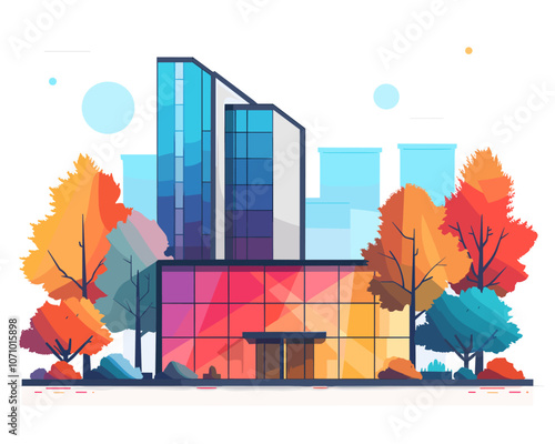 Colorful building with a large glass window and a tree in front of it. The building is surrounded by trees and has a modern design