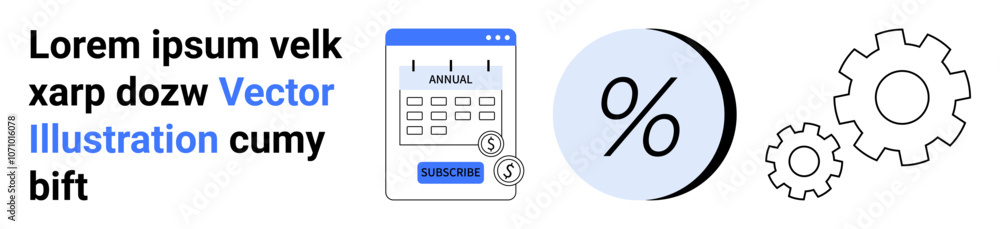 Financial planning illustration including a calendar marked annual, a percentage symbol, and two gears. Ideal for financial services, budgeting tools, investment planning, banking, fintech startups Financial planning illustration including a calendar marked annual, a percentage symbol, and two gears. Ideal for financial services, budgeting tools, investment planning, banking, fintech startups