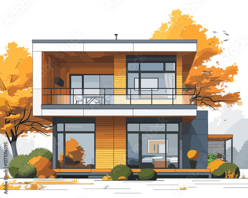 Large, modern house with a lot of windows and a balcony. The house is painted in a bright yellow color, which gives it a warm and inviting feel. The exterior of the house is surrounded by trees