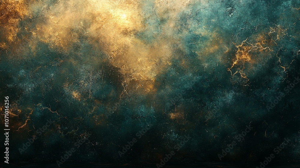 Abstract textured background with golden and teal hues, evoking a cosmic atmosphere. Abstract textured background with golden and teal hues, evoking a cosmic atmosphere.