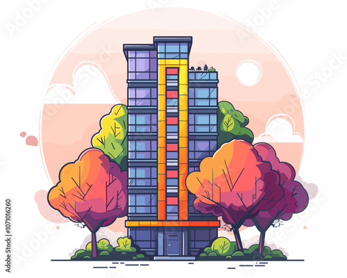 Tall building with a tree in front of it. The building is surrounded by trees and has a lot of windows. The sky is cloudy and the sun is shining