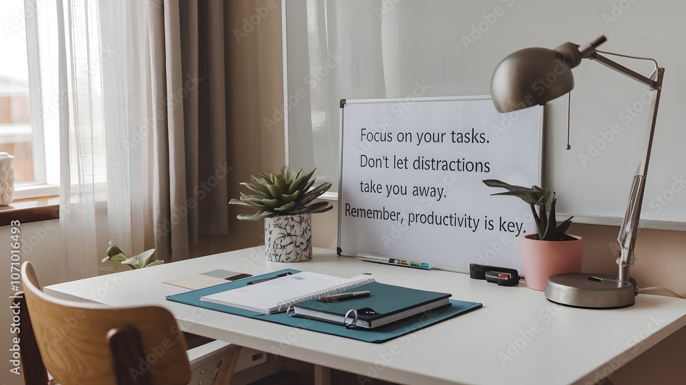 Desk with motivational note on whiteboard, planner, and window with curtains Desk with motivational note on whiteboard, planner, and window with curtains
