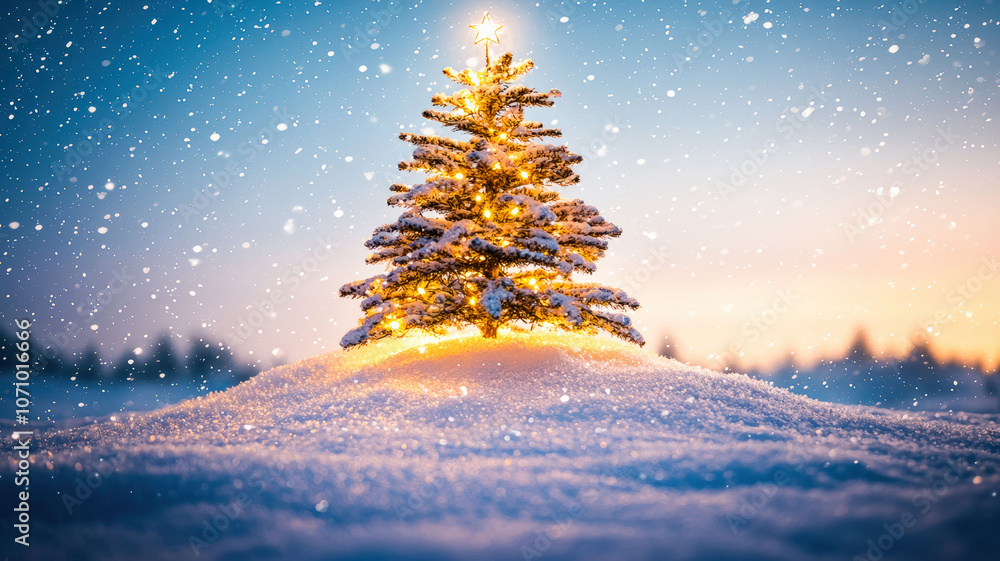 Whimsical animated snowy hill with a decorated Christmas tree and twinkling lights, featuring a clear sky above for holiday messages Whimsical animated snowy hill with a decorated Christmas tree and twinkling lights, featuring a clear sky above for holiday messages