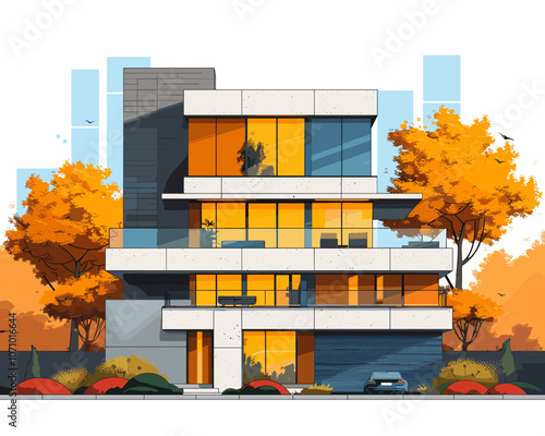 Tall building with a lot of windows and a tree in front of it. The building is orange and white