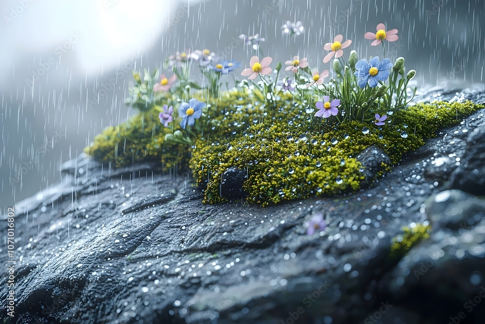 Obraz premium A close-up of colorful wildflowers blooming on a moss-covered rock, drenched in rain, creating a serene and refreshing atmosphere in nature.