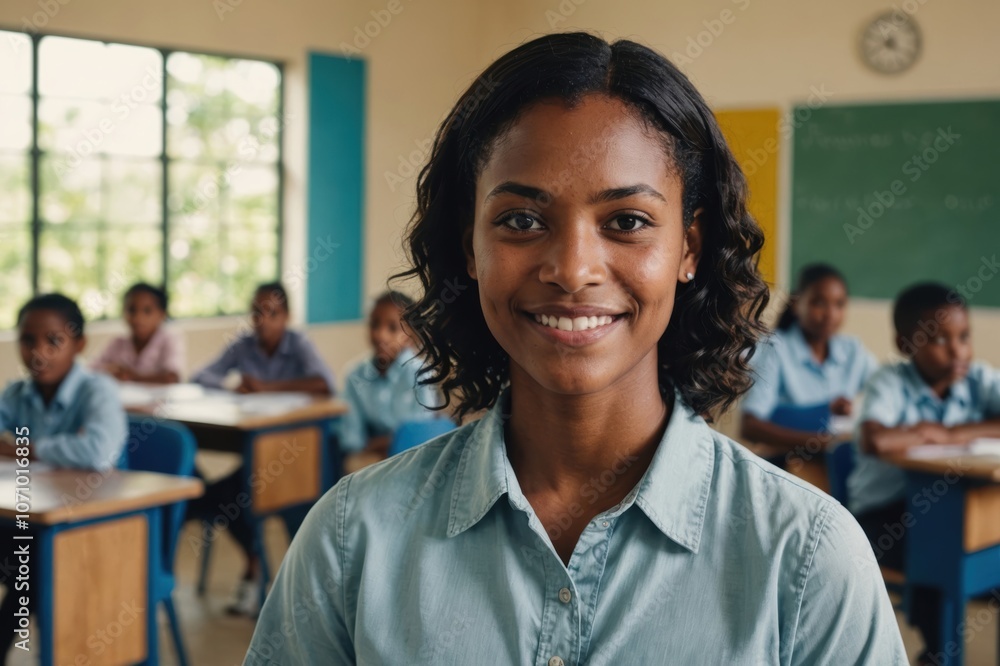 Close portrait of a smiling young Belizean female elegant primary school teacher standing and looking at the camera, indoors almost empty classroom blurred background Close portrait of a smiling young Belizean female elegant primary school teacher standing and looking at the camera, indoors almost empty classroom blurred background