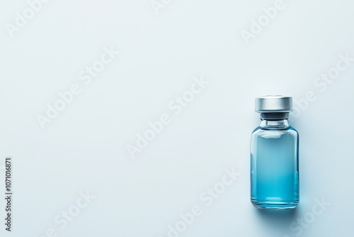 White background with a glass medical bottle holding a vaccine, space for text