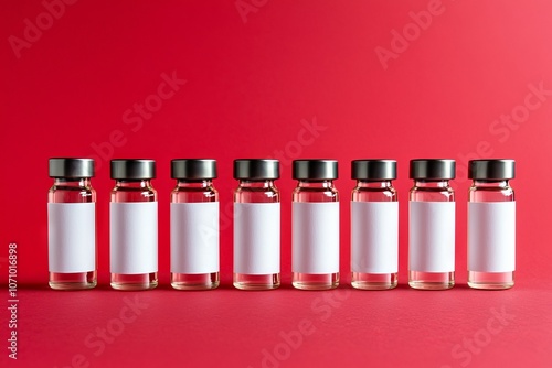 A close-up shot of glass medical bottles with vaccine on a white table with a red background