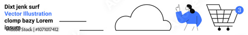 Cloud icon, user pointing, shopping cart with notification. Ideal for cloud services, e-commerce, digital transactions, user engagement, online shopping, technology, internet services. Landing page