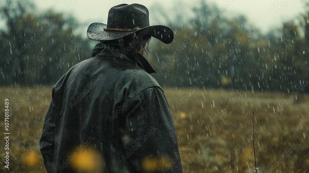 Cowboy standing in a rain-soaked field, raindrops glistening on his hat and coat as he gazes into the distance Cowboy standing in a rain-soaked field, raindrops glistening on his hat and coat as he gazes into the distance