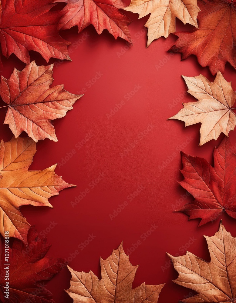 Autumn leaves frame a red background Autumn leaves frame a red background