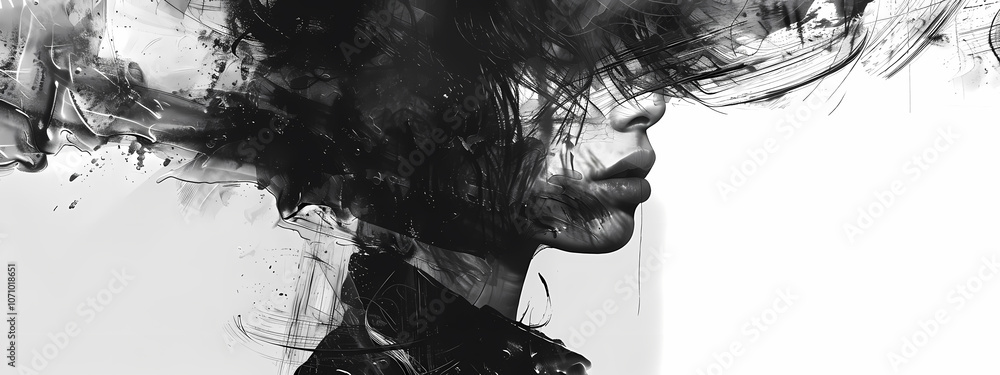 A striking artistic portrayal of a female figure with flowing, abstract black patterns representing emotion and creativity. A striking artistic portrayal of a female figure with flowing, abstract black patterns representing emotion and creativity.