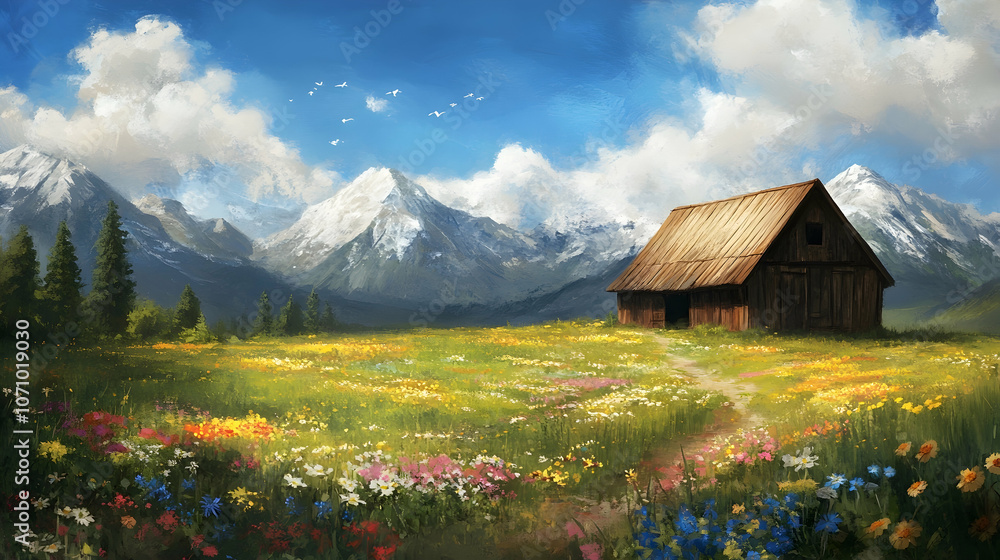 Fototapeta premium A rustic wooden cabin sits on a grassy meadow with wildflowers in front of a mountain range.