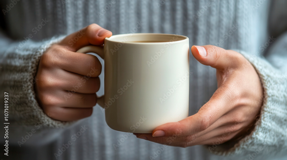 Cozy hands holding a warm mug of coffee in a textured gray sweater during a chilly indoor afternoon Cozy hands holding a warm mug of coffee in a textured gray sweater during a chilly indoor afternoon