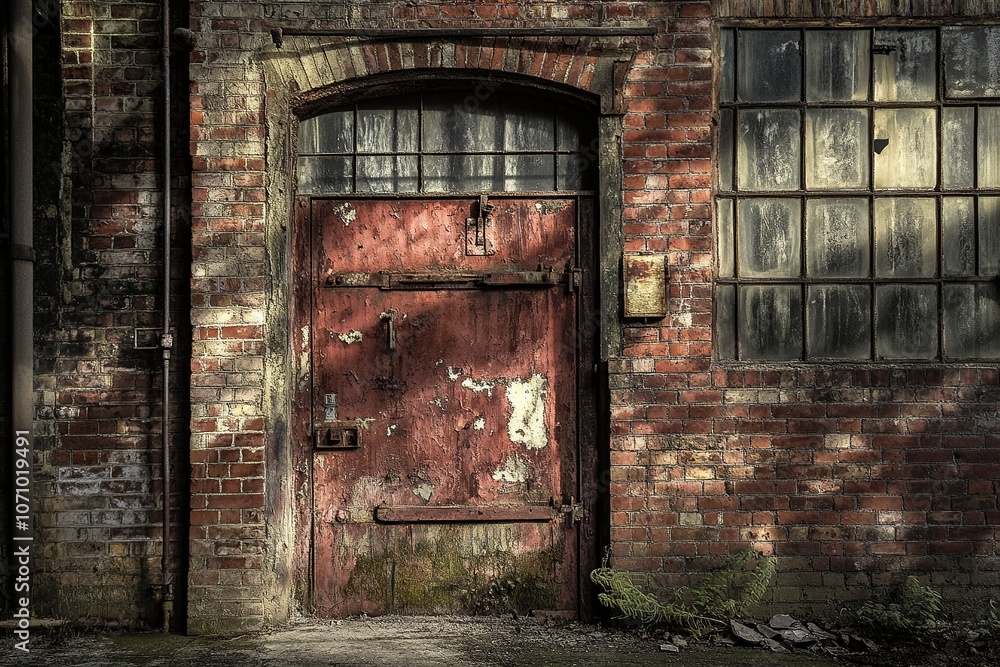 Weathered Brick Wall with Rusty Metal Door and Window Weathered Brick Wall with Rusty Metal Door and Window