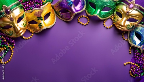 Colorful masks on purple background photo