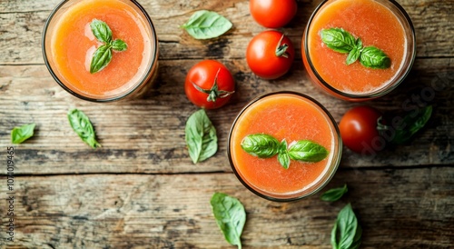 Using Stock technology, this top view shows glass glasses of tomato juice, tomatoes, and basil leaves against a wooden background