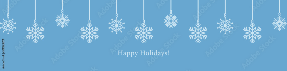 Festive blue snowflake banner of hanging flakes and the greeting Happy Holidays, for creating festive headers, or social media graphics. Festive blue snowflake banner of hanging flakes and the greeting Happy Holidays, for creating festive headers, or social media graphics.