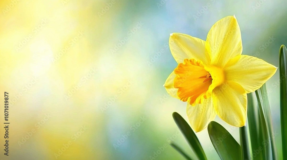 Yellow daffodil in front of blurry blue-yellow background with green stems in the foreground Yellow daffodil in front of blurry blue-yellow background with green stems in the foreground