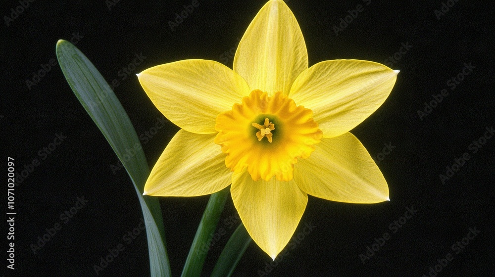 Obraz premium A yellow daffodil with green stems on a black background