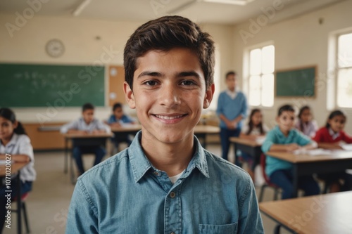 Close portrait of a smiling young Chilean male elegant primary school student standing and looking at the camera, indoors almost empty classroom blurred background