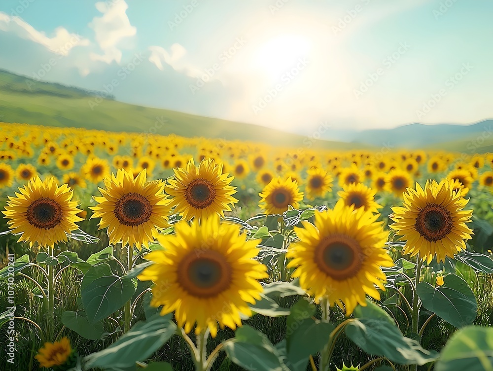 Obraz premium A vibrant field of sunflowers basking in warm sunlight, creating a cheerful and uplifting atmosphere. The golden blooms stretch towards the sky under a clear blue backdrop.
