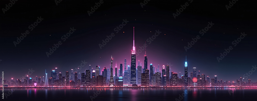 Futuristic panoramic city skyline at night with neon lights and skyscrapers under a dark sky Futuristic panoramic city skyline at night with neon lights and skyscrapers under a dark sky