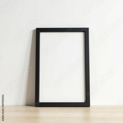 Empty Black Picture Frame Leaning Against Light Wall on Wooden Floor
