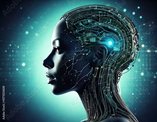 Side profile of futuristic woman with digital brain network and blue lighting