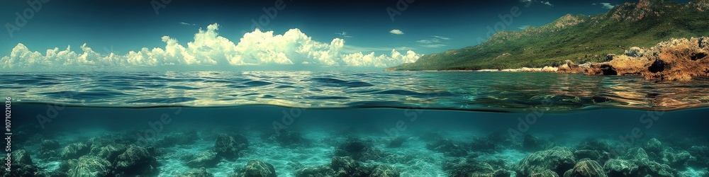 Obraz premium Panoramic Ocean View with Vibrant Coral Reef, Clear Blue Water, Majestic Mountains and Sky with Clouds, Capturing Natural Beauty and Serene Tropical Landscape