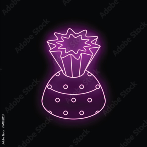 Neon sign showing a gift box tied with a ribbon forming a bow, glowing purple on black background