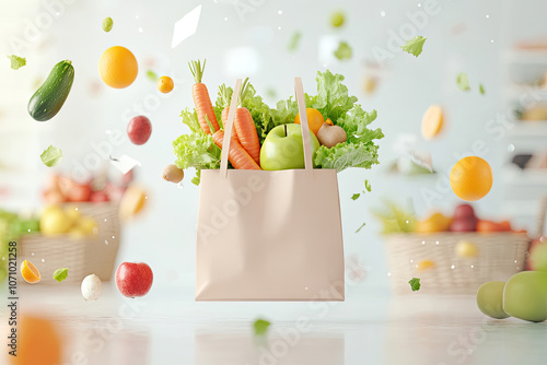 Close-up auf eine schwebende Papiertüte gefüllt und umringt von frischem Obst, Gemüse und Salat. photo