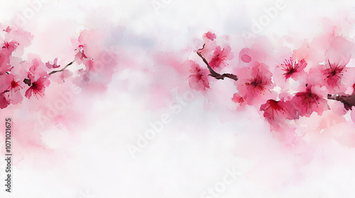   A watercolor portrayal of vibrant pink blossoms against a crisp white backdrop, featuring a diminutive avian perched on a flourishing tree limb