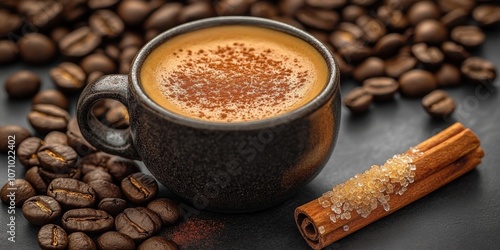 Aromatic Coffee with Cinnamon Stick and Roasted Coffee Beans in Rustic Mug on Dark Background Creates Perfect Cozy Atmosphere for Coffee Lovers and Connoisseurs photo