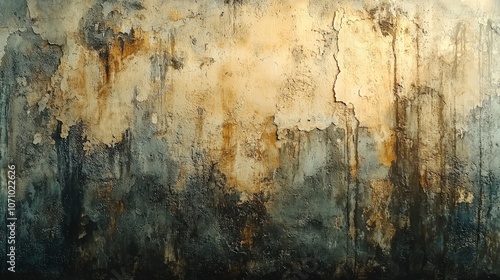 Abstract textured wall with peeling paint and water stains in earthy tones.