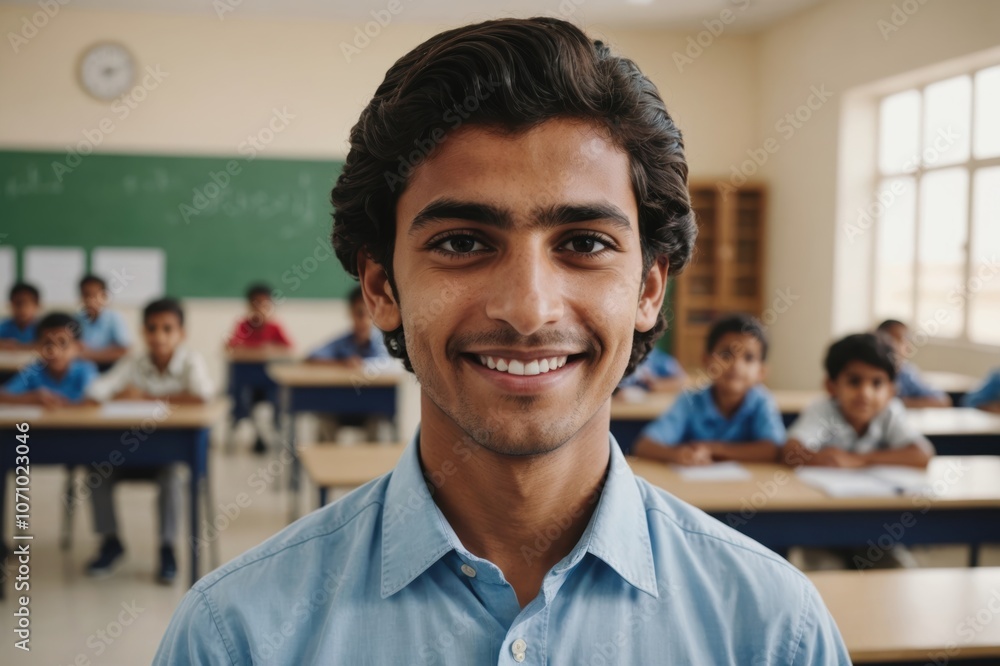 Close portrait of a smiling young Emirati male elegant primary school teacher standing and looking at the camera, indoors almost empty classroom blurred background Close portrait of a smiling young Emirati male elegant primary school teacher standing and looking at the camera, indoors almost empty classroom blurred background