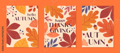 Happy thanksgiving day posters with pumpkins,mushroom,leaves,berries,plants in fall colors.Vector holiday illustrations.Autumn thanksgiving templates for prints,ad,smm,branding,packaging,covers