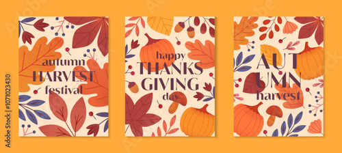 Autumn thanksgiving and harvest posters with leaves,berries,plants in fall colors.Vector autum seasonal illustrations.Trendy fall templates for prints,ad,smm,banners,invitations,covers