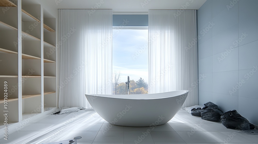 Modern Minimalist Bathroom with Freestanding Tub and Large Window, Home Interior Design Modern Minimalist Bathroom with Freestanding Tub and Large Window, Home Interior Design
