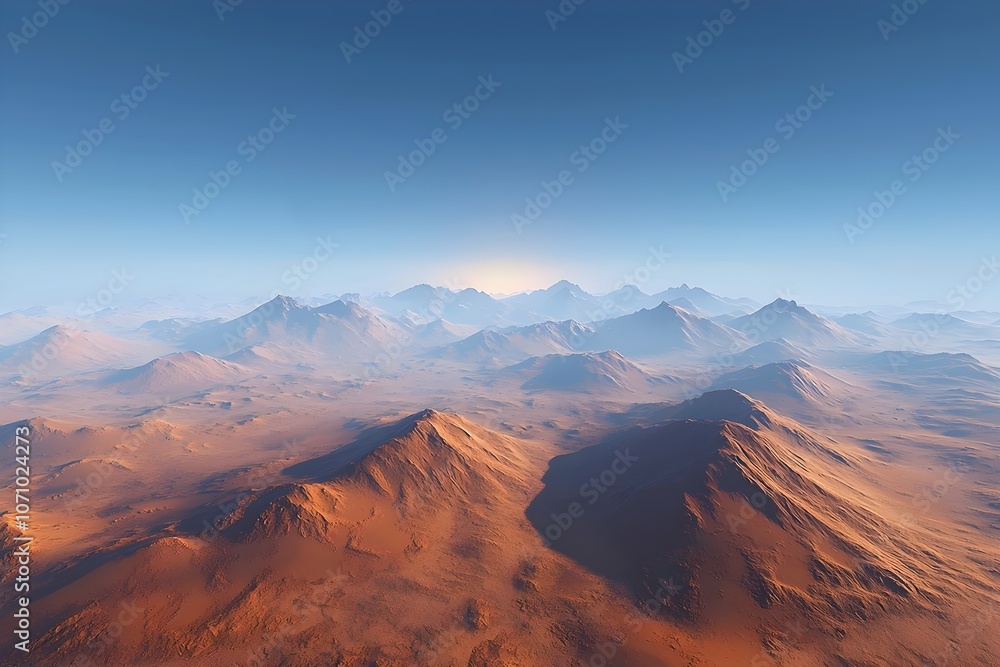 Naklejka premium A breathtaking view of a vast alien landscape featuring rugged mountains and valleys bathed in soft sunlight. The colors range from warm oranges to serene blues, creating a tranquil mood.