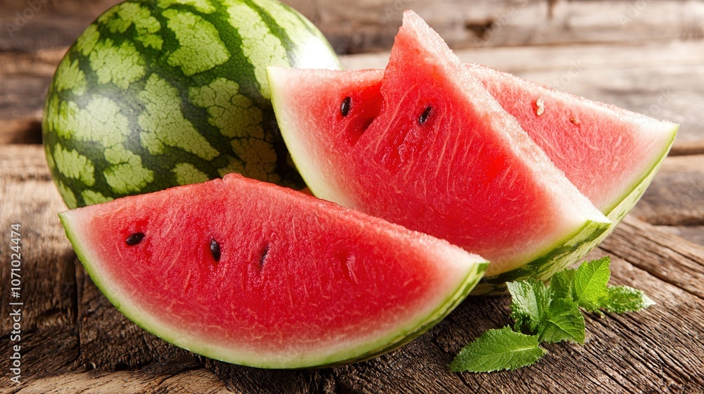 Two watermelon slices on wooden platter Two watermelon slices on wooden platter