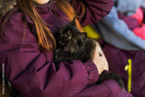 Girl, child caresses a small fluffy homeless kitten sitting on her hands. Photo of an animal. photo