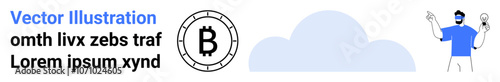 Text with Bitcoin symbol, cloud shape, and character holding objects. Ideal for cryptocurrency, finance, technology, digital economy, cloud services, innovative marketing, startup, educational