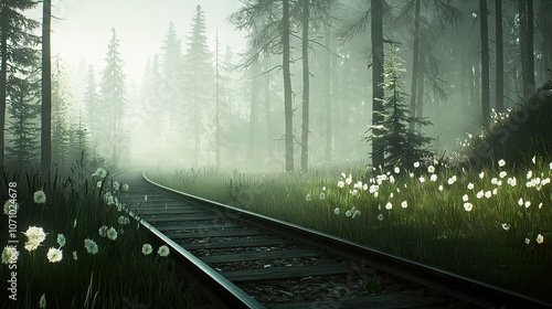  Forest train track with white flowers in the foreground and foggy background