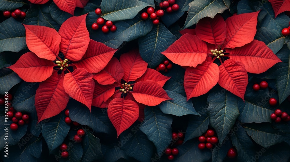 Obraz premium Christmas background with poinsettia. Traditional Xmas plant floral design with copy space. Flower frame Noel card.