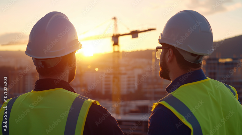 Construction Engineers on Rooftop Site in Morning Light Construction Engineers on Rooftop Site in Morning Light