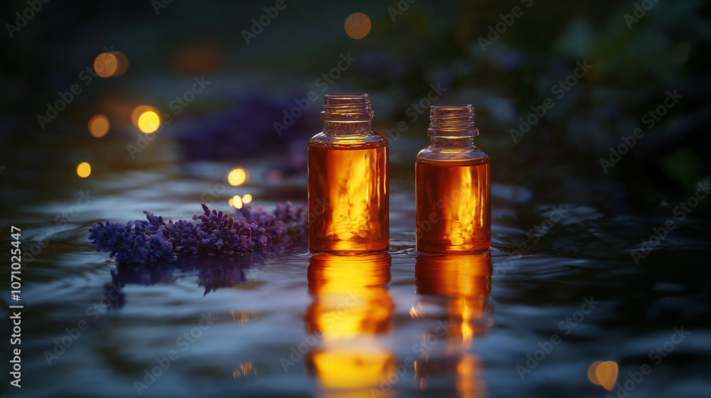 Two bottles of aromatherapy essential oil with fresh lavender flowers in a puddle of water Two bottles of aromatherapy essential oil with fresh lavender flowers in a puddle of water