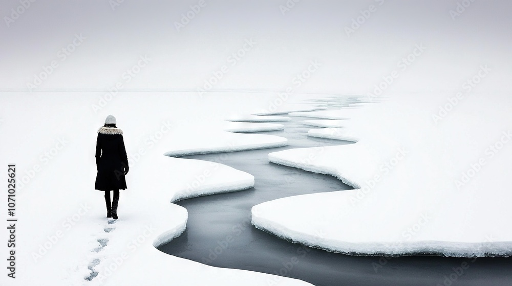 A person standing in a snow-covered field surrounded by rocks, with water flowing from behind them A person standing in a snow-covered field surrounded by rocks, with water flowing from behind them